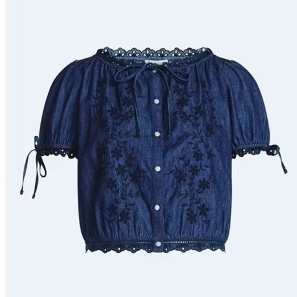 FREE ASSEMBLY Embroidered Denim Crop Top Sz XS Dark Wash Indigo Button Front NWT